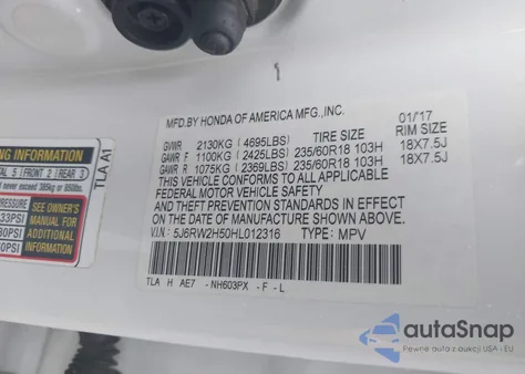 2017 Honda Cr-V Ex from USA, damaged, VIN 5J6RW2H50HL012316